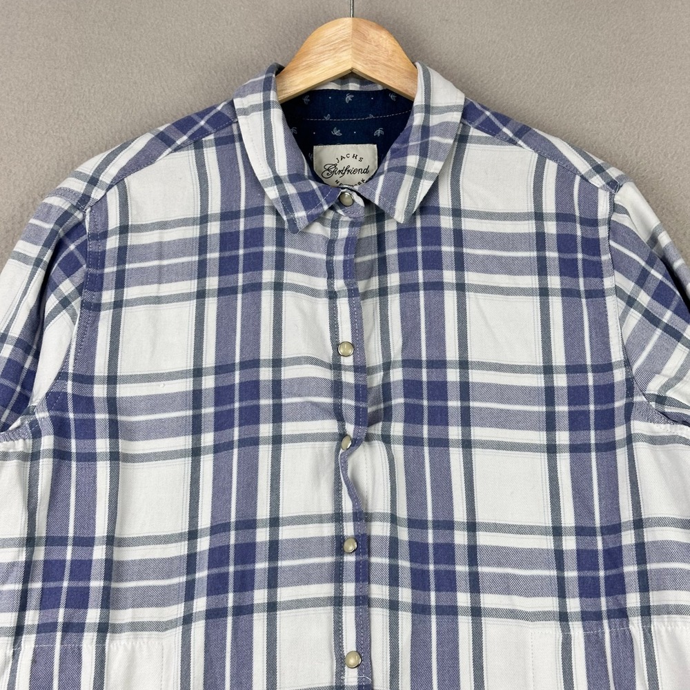 Jachs Girlfriend Plaid Button Down Shirt Womens XL Blue White Casual Snap Pocket